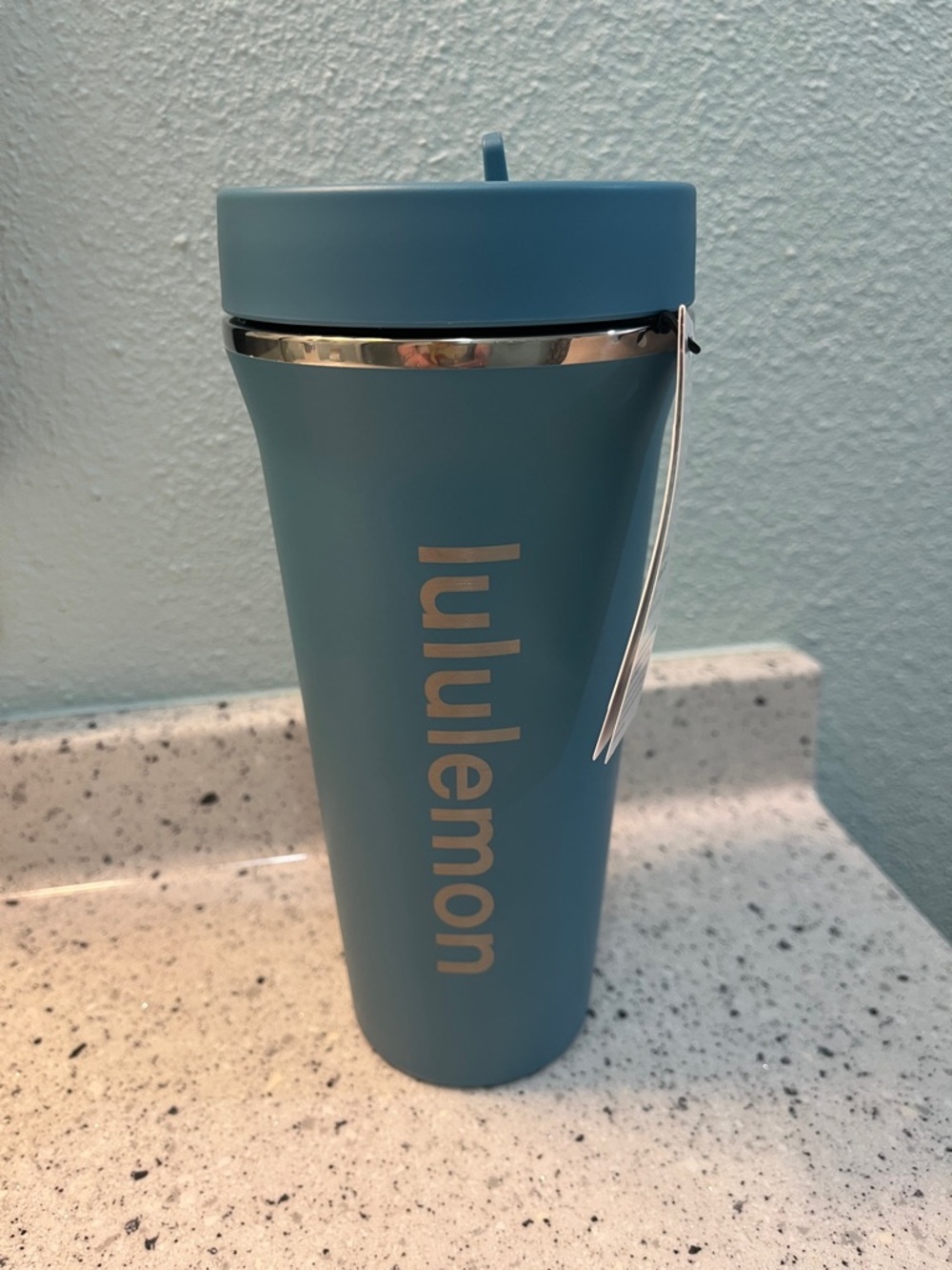 lululemon teal matte travel mug with gold logo